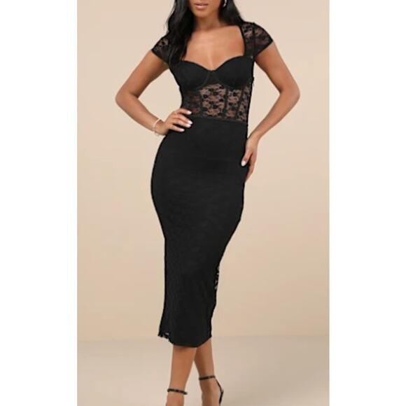 LULU'S M Flirtatious Presence Black Sheer Lace Bustier Midi Dress NEW 0B5 - Picture 1 of 11